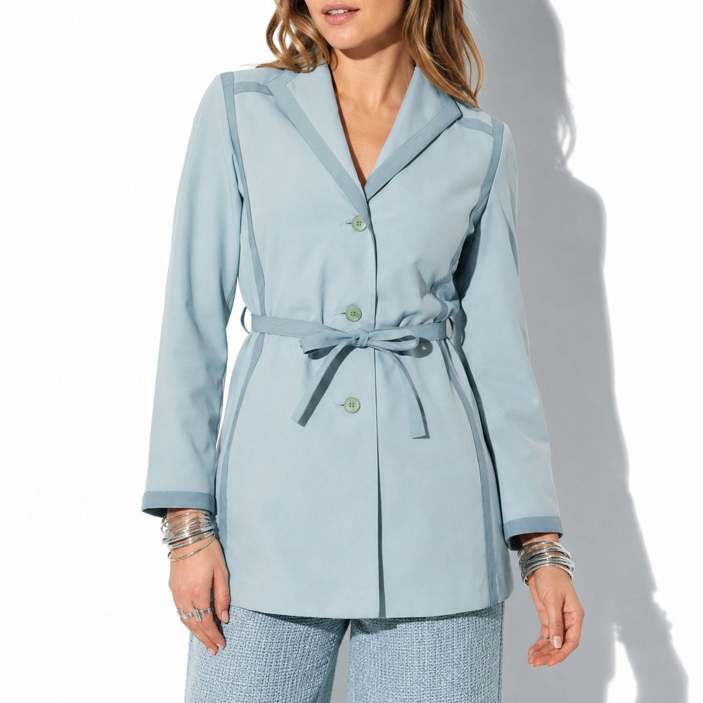 70s Vintage Pastel Blue Trench Coat Womens L Colorblock Bonders Belted USA Made